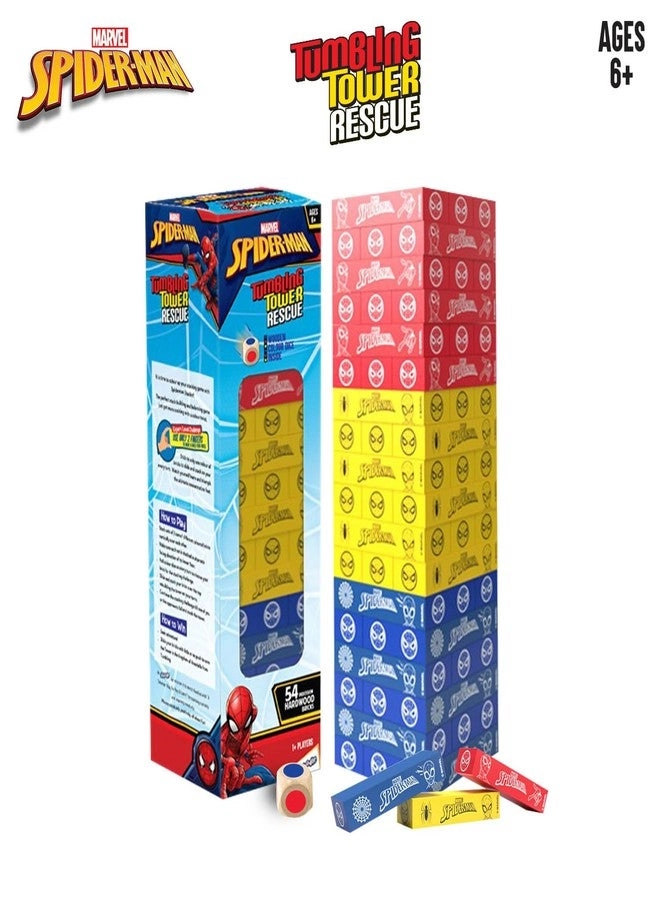 Stackrr Tumbling Tower - 54 Precision Wooden Blocks Premium Beachwood Spiderman