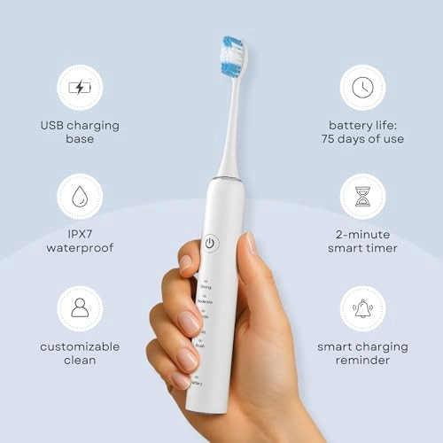 Electric Toothbrush - 6 Cleaning Modes White Rechargeable + Flosser