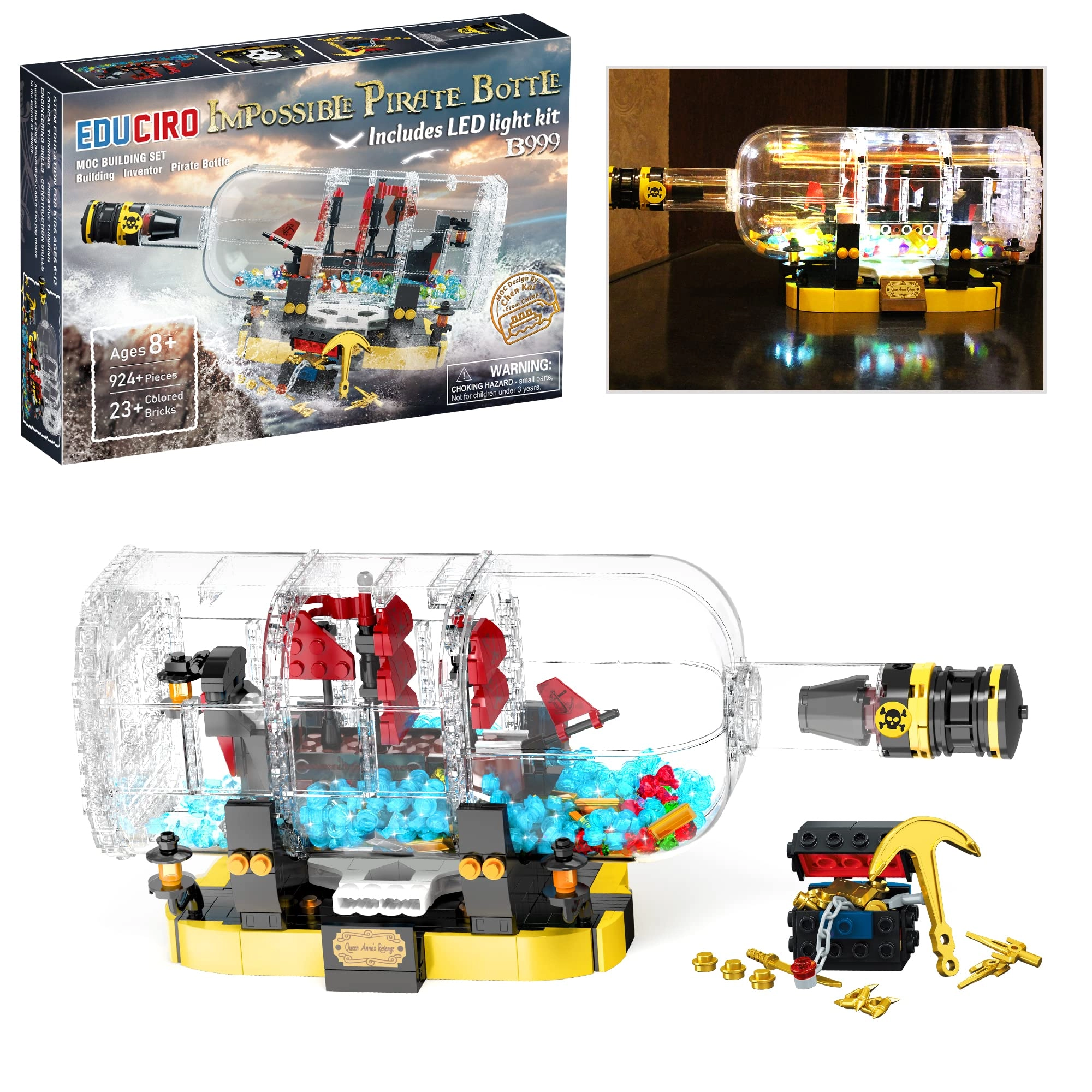 MZA STORES Pirate Ship in a Bottle - 924 Pcs LED Light