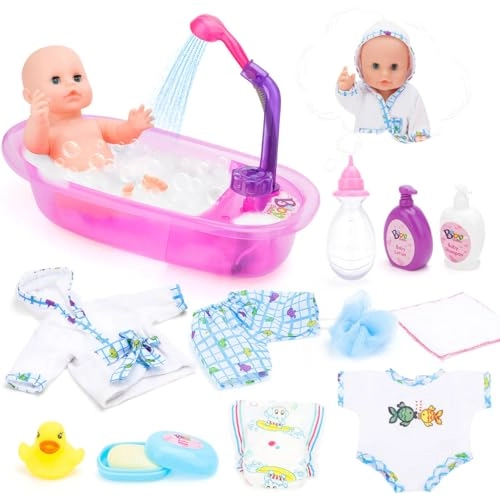 Baby Doll Set with Bathtub - 11PCS Pink
