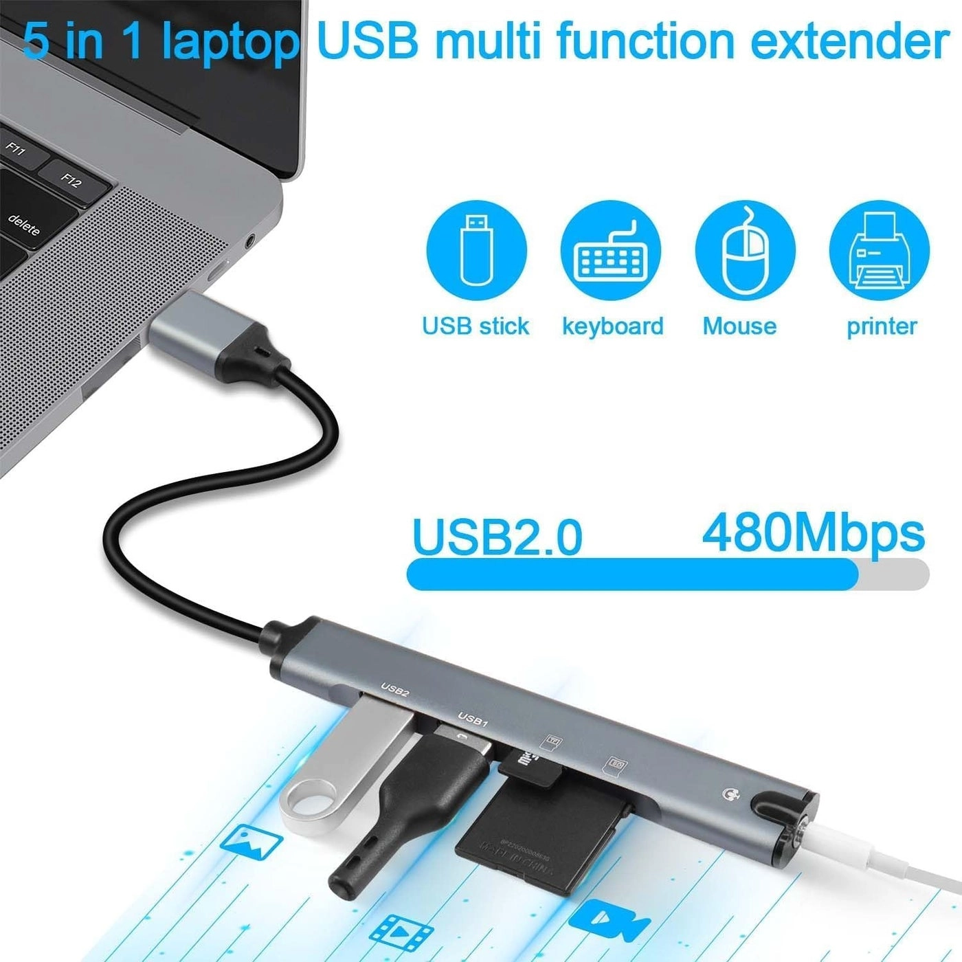5-in-1 USB Docking Station - USB 2.0 3.5mm TF/SD