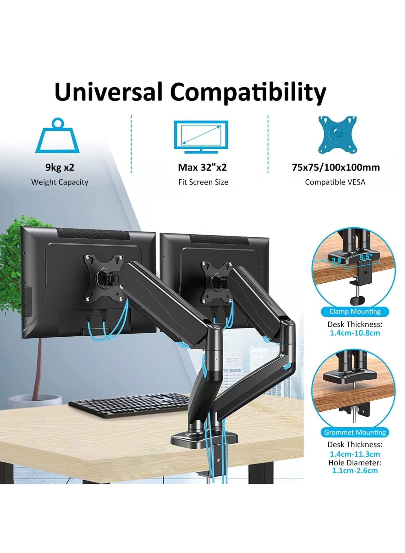 Dual Monitor Mount - 2 Monitors 32 inches 75mm or 100mm