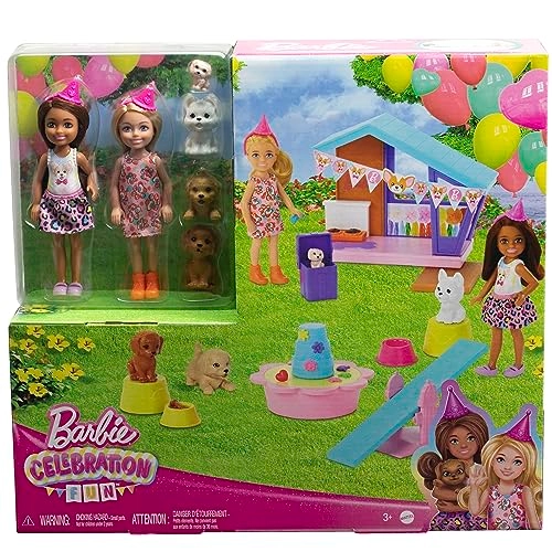 Barbie Chelsea Celebration Fun - 2 Small Dolls 4 Puppies Doghouse Ages 3+