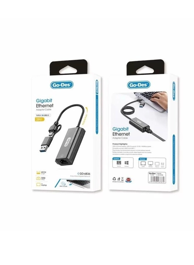 2-in-1 Type-C and USB-A Gigabit Ethernet Converter Cable - 50cm