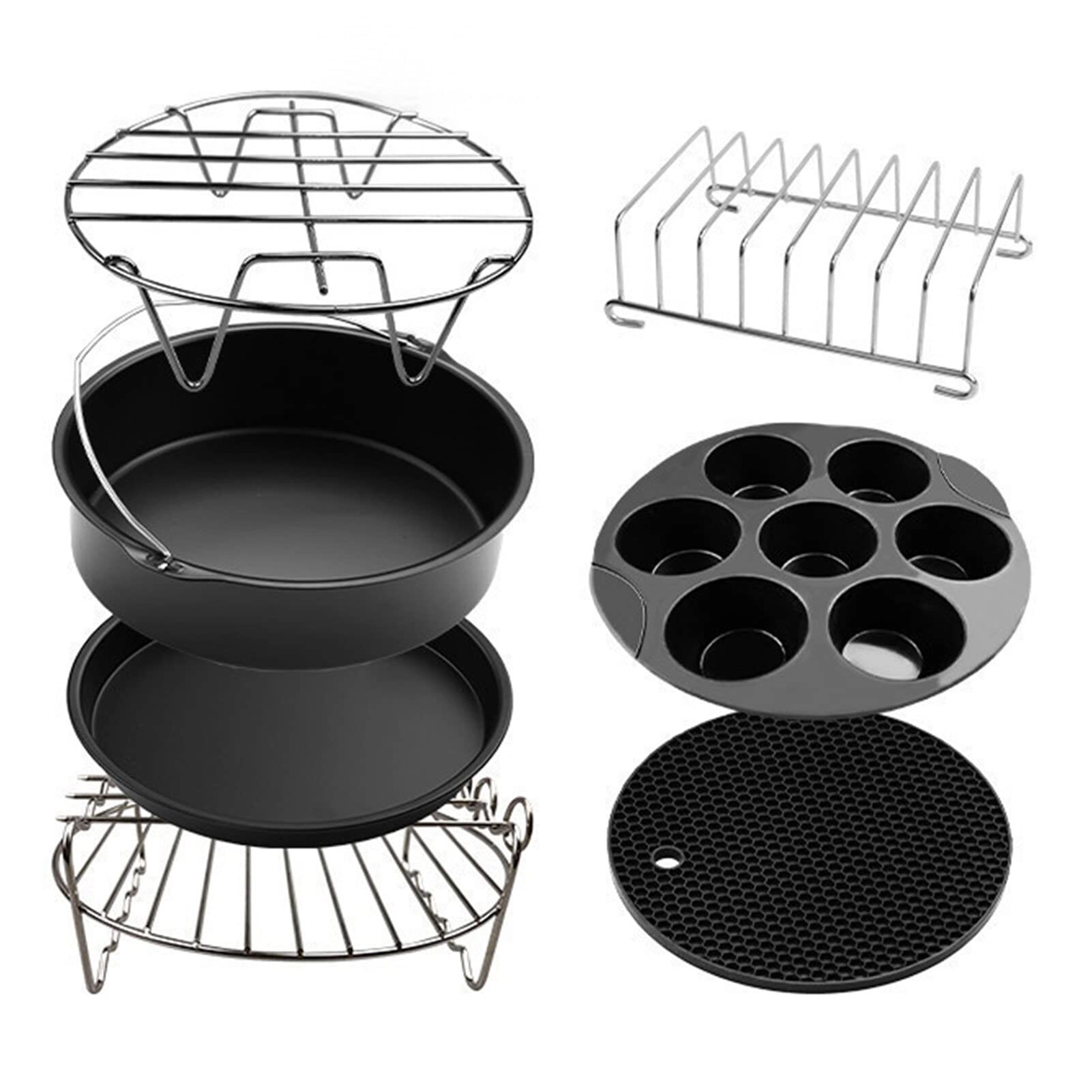 Irovami cake baking barrel + pizza pan + air fryer liners + silicone mat + cupcake pan + skewer rack + skewers + toast rack + metal holder + oil brush + plate gripper + silicone molds + silicone gloves - Stainless steel + silicone 12pcs/set