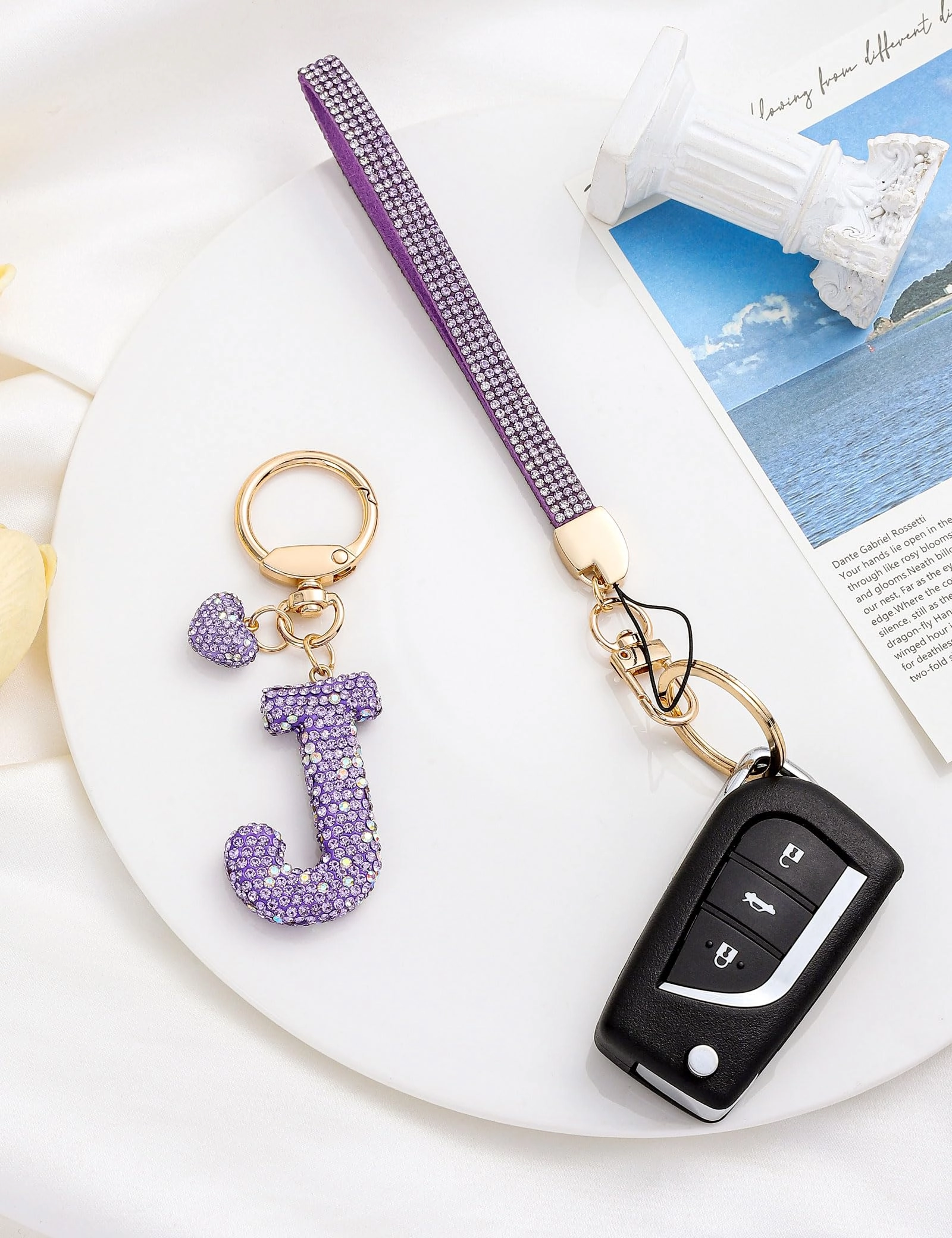 Initial Keychain - L Purple Rhinestone