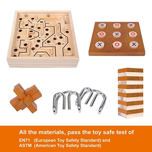 Wooden Brain Puzzle + Metal Puzzle + Labyrinth - Maze board 2 steel balls + Stacking Blocks - 36 pieces + Tic Tac Toe