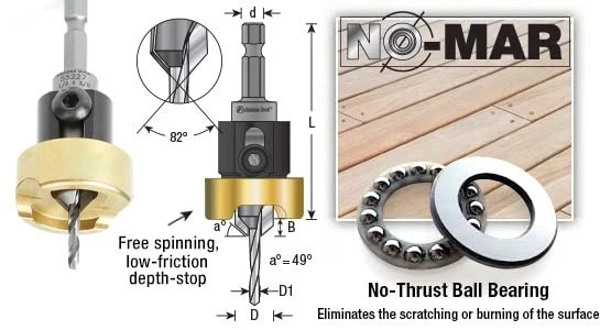 55227 Carbide Tipped 82 Degree Countersink - Adjustable Depth Stop No-Thrust Ball Bearing