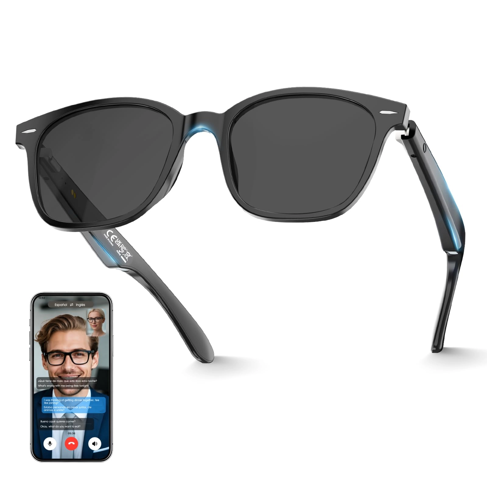 EpochTec AI Translation Glasses - 140+ Languages Bluetooth Built-in Mic & Speaker
