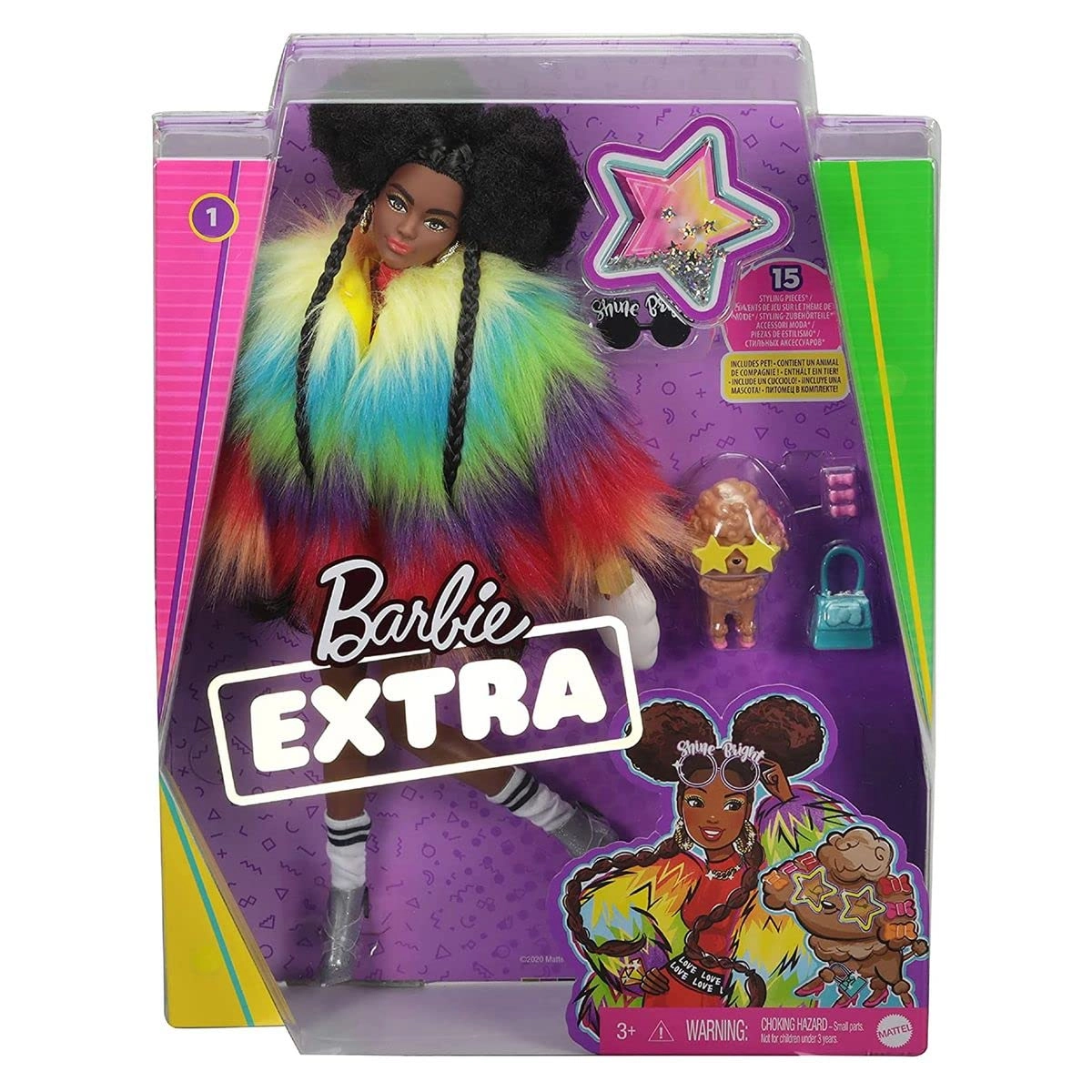 Barbie Extra - Brunette Furry Rainbow Coat Pet Poodle