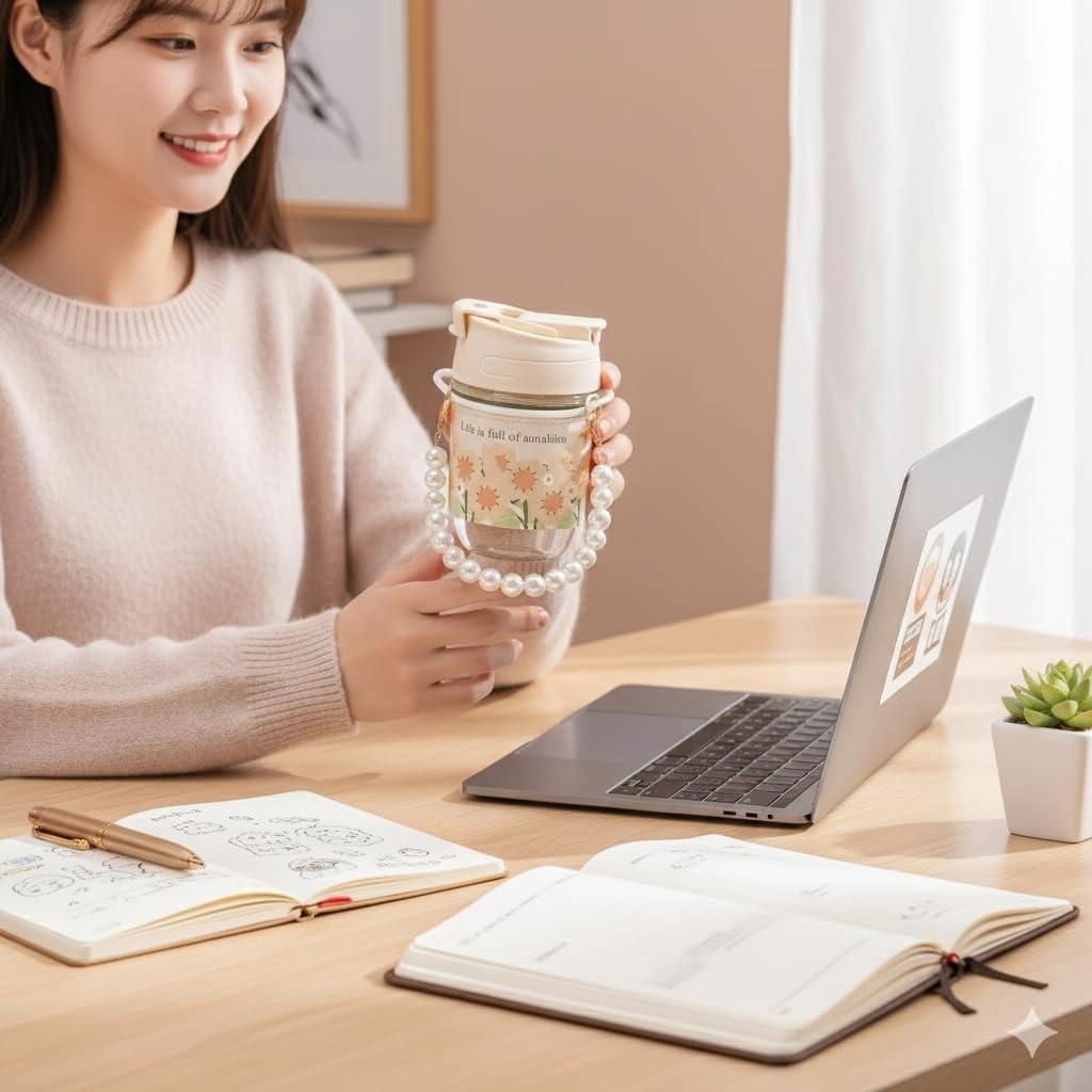 Glass Pearl chain cup Coffee Tumbler - 350ml