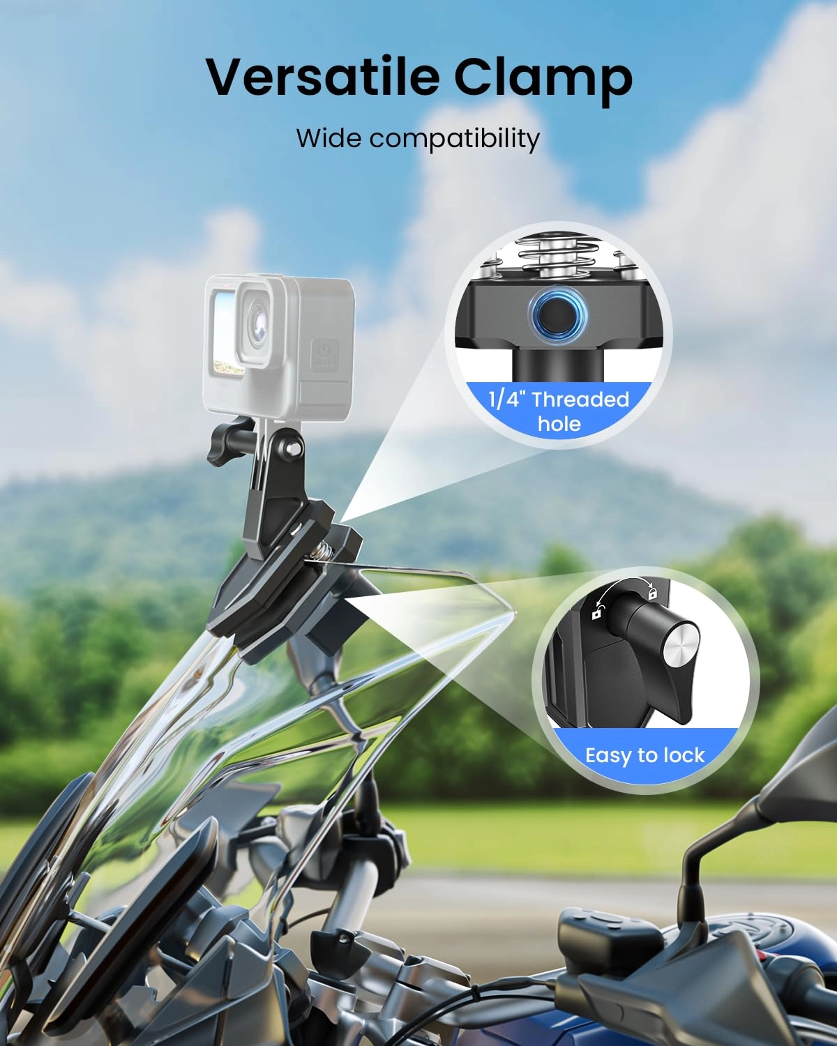 Motorcycle Windshield Clip Camera Mount - Insta360 X5/X4/X3 GoPro