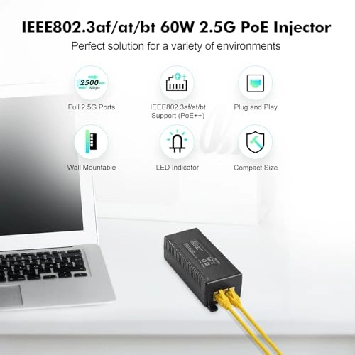 2.5 Gigabit PoE+ Injector - 48V 60W 1 802.3af/at/bt 2500 Megabits Per Second