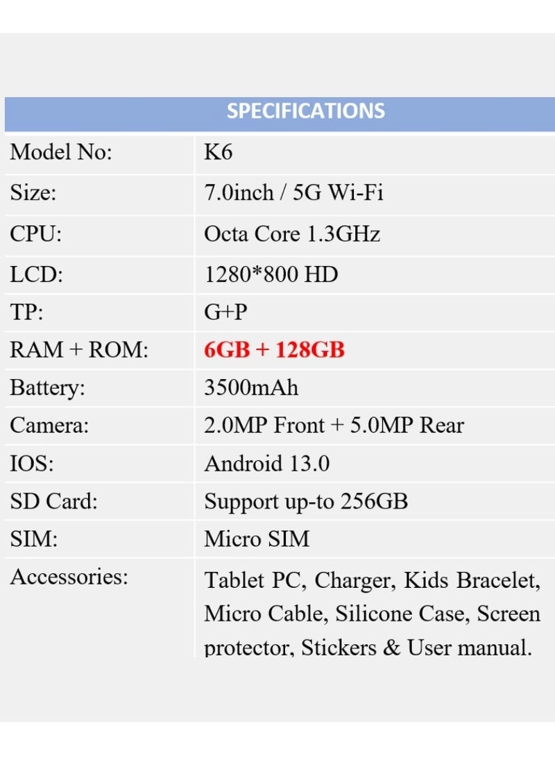 K6 Kids Tablet - 6GB 7 Inch 128GB