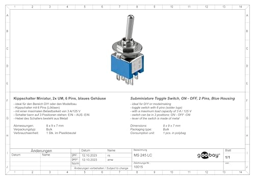 10015 Sub miniature toggle switch - 2x UM 6 pin With a maximum load capacity of 3 / 125 A / V