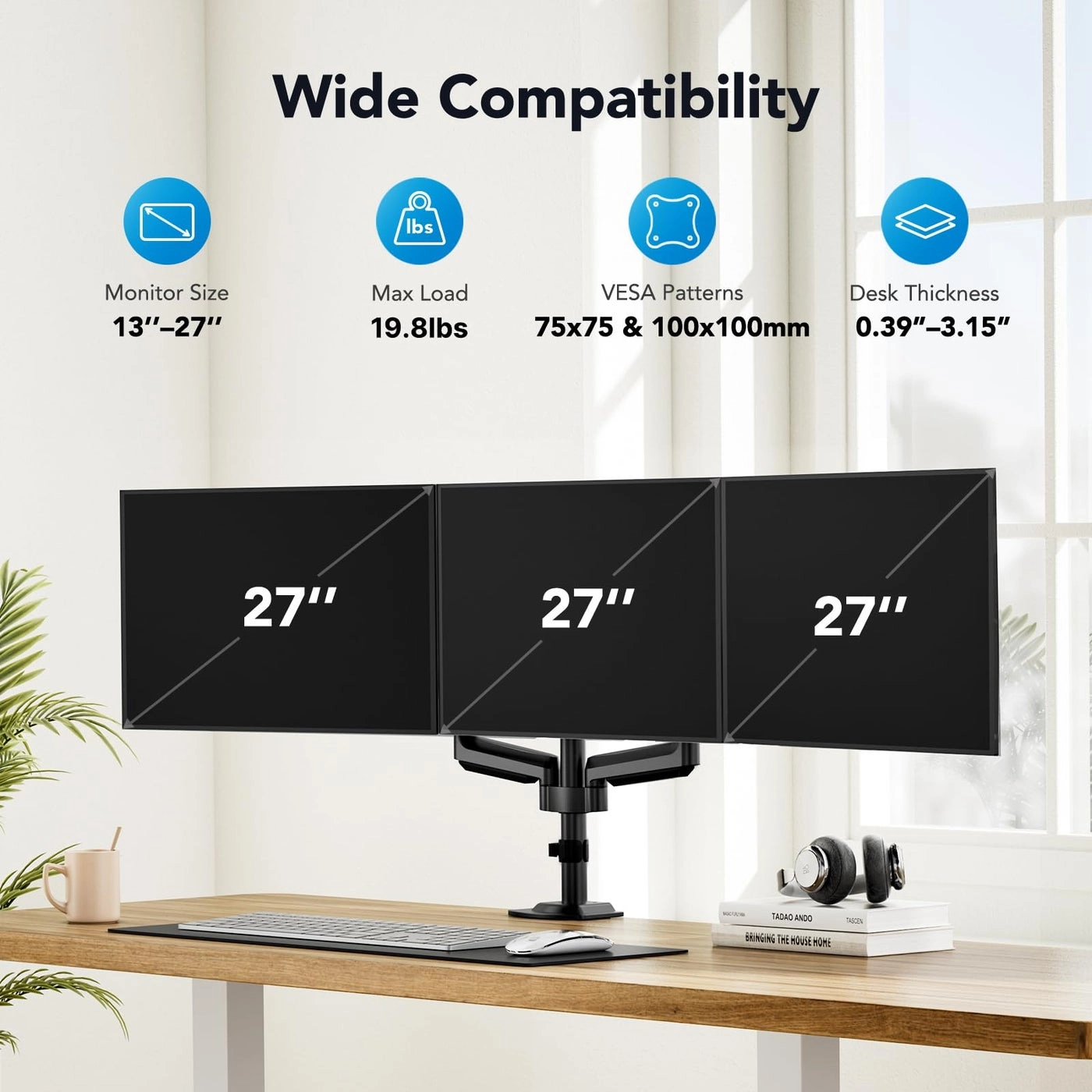 Triple Monitor Mount - 13-27 inch VESA 75x75, 100x100mm
