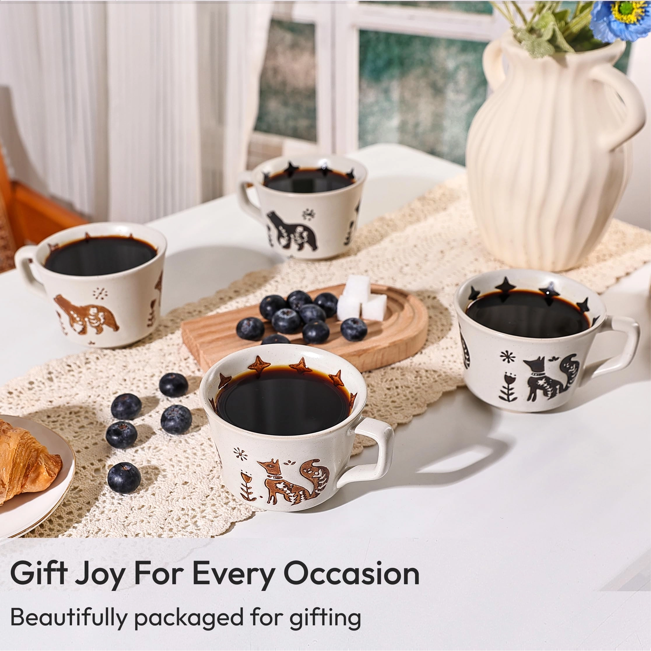 Fox and Bear Ceramic Coffee Mug - 4 pcs