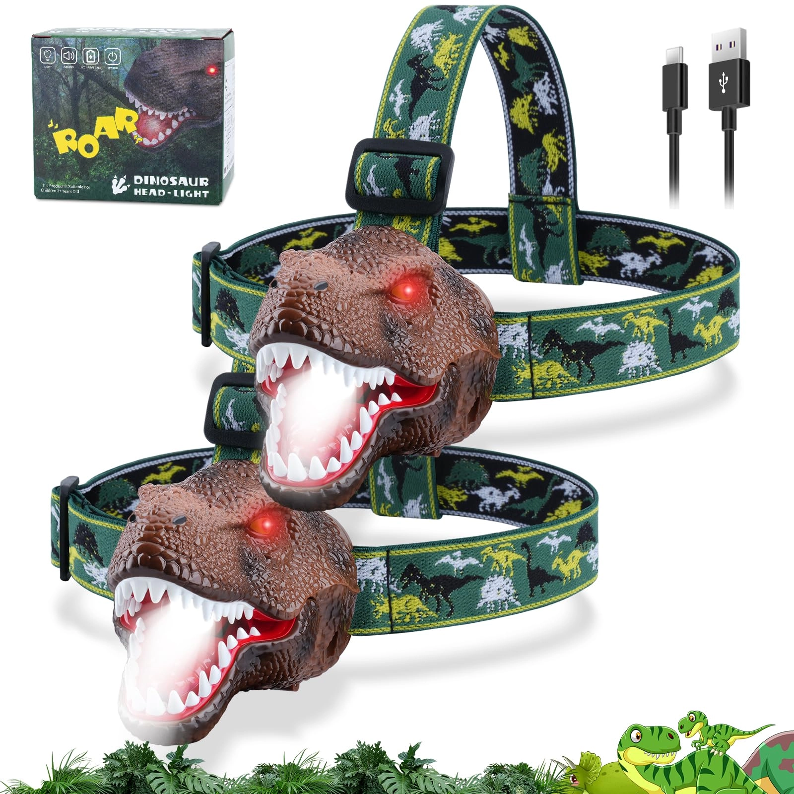 nitigo Dinosaur Headlamp - Rechargeable 2 Pack