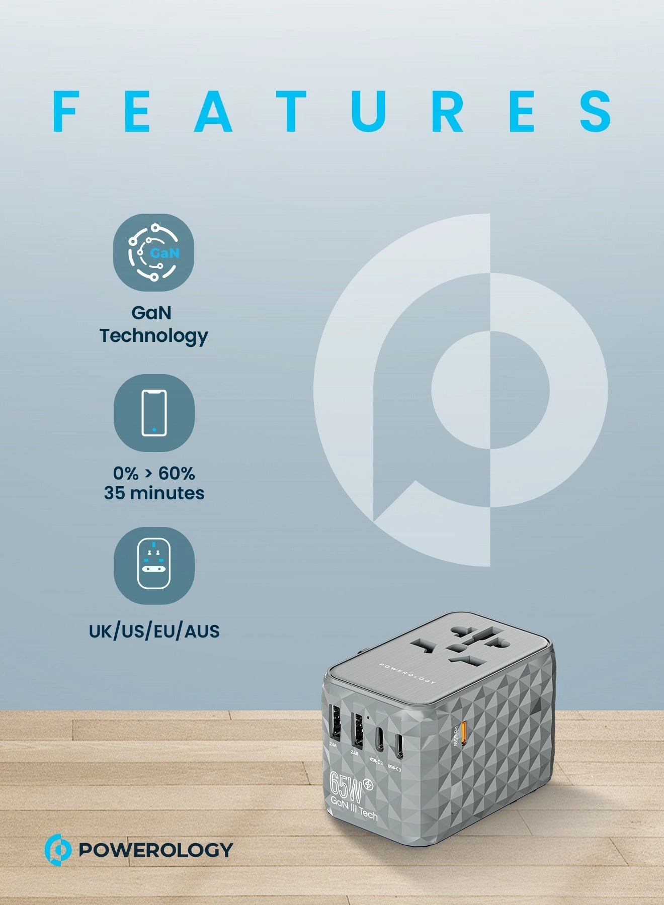 Universal Gan Travel Adapter - UK/US/EU/AUS 65W