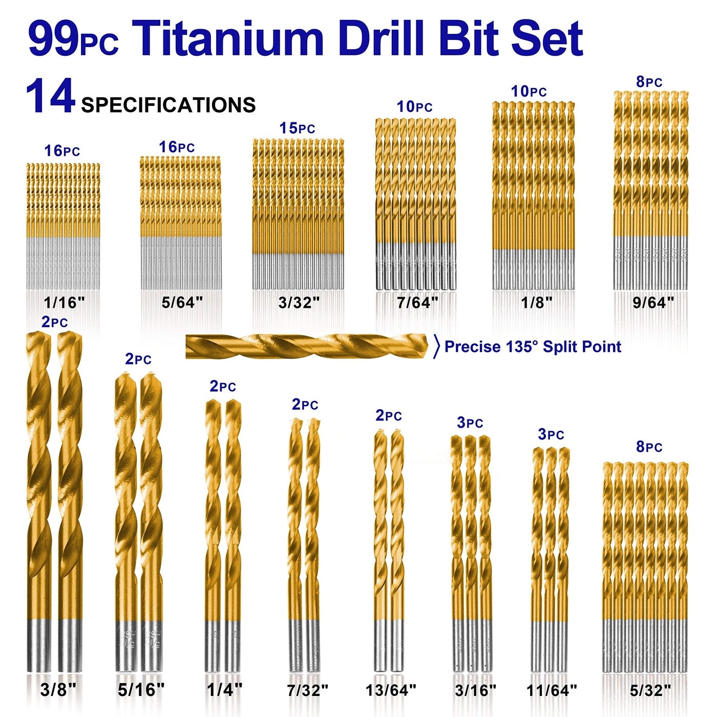 Twist Drill Bit Set - Titanium 99 Pieces 1/16" Up To 3/8"