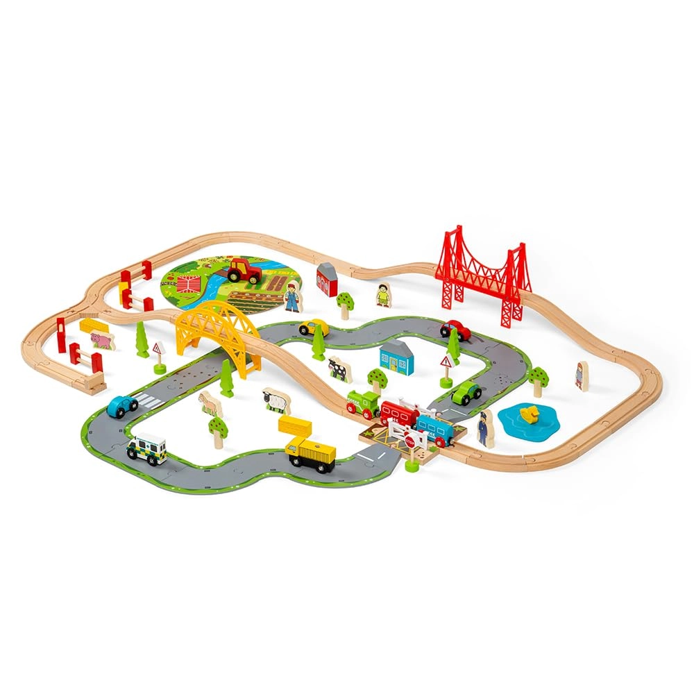 Bigjigs Rail Rural Road and Rail Wooden Train Set - 80pc