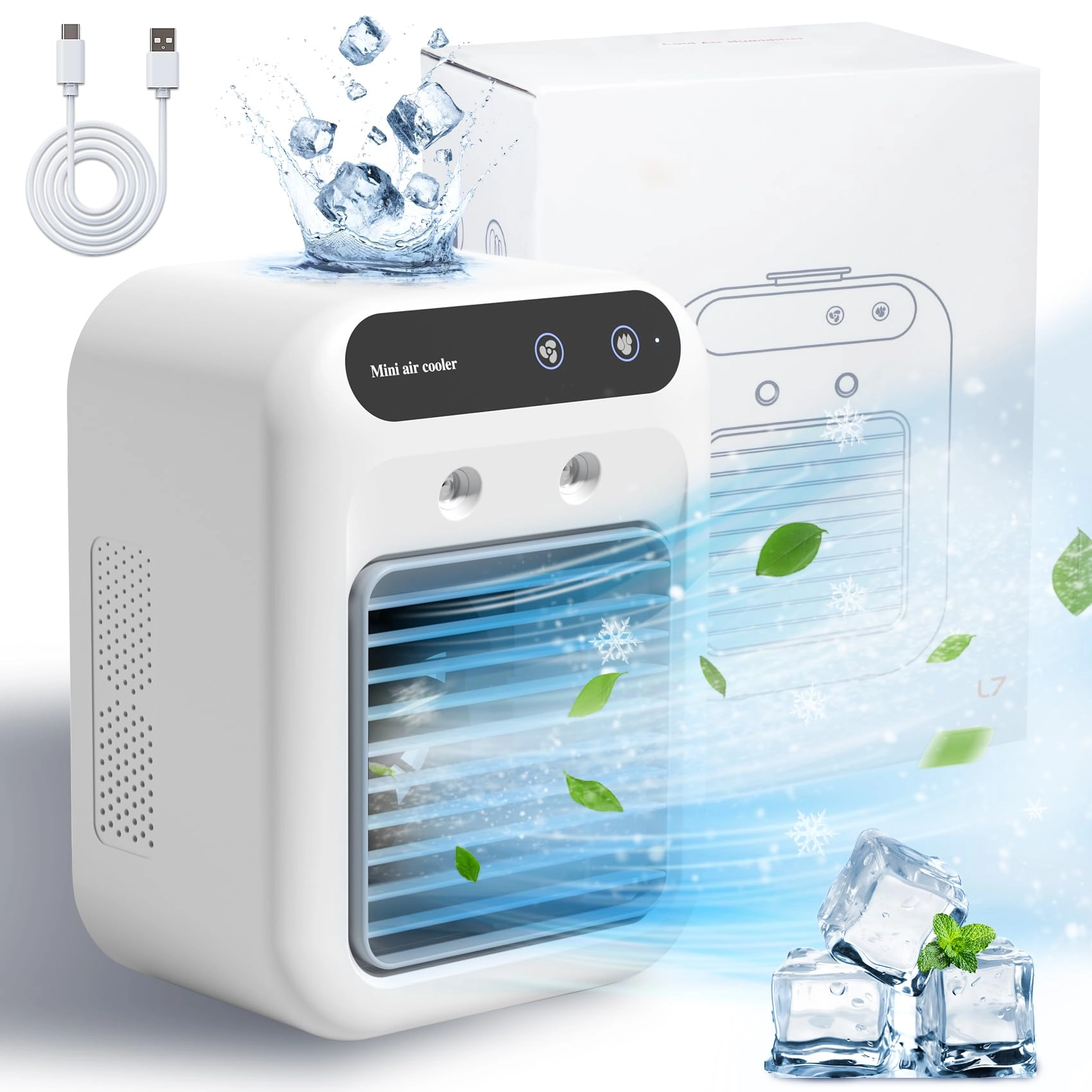Generic Portable Rechargeable Air Cooler - Double Head Rotating Fan 3 Speeds 600ml