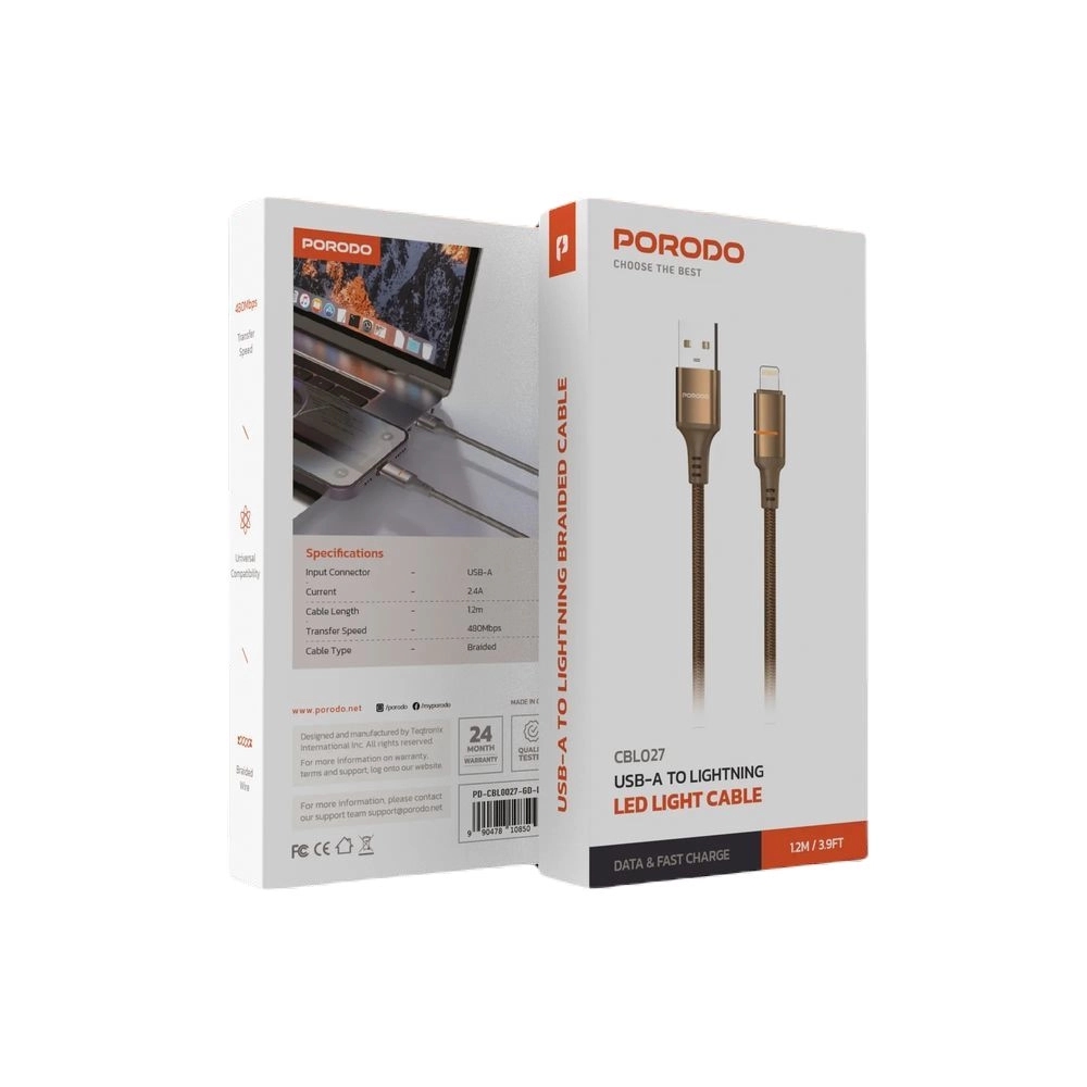 Porodo Charge Cable 480Mbps USB-A to Lightning 1.2m Braided