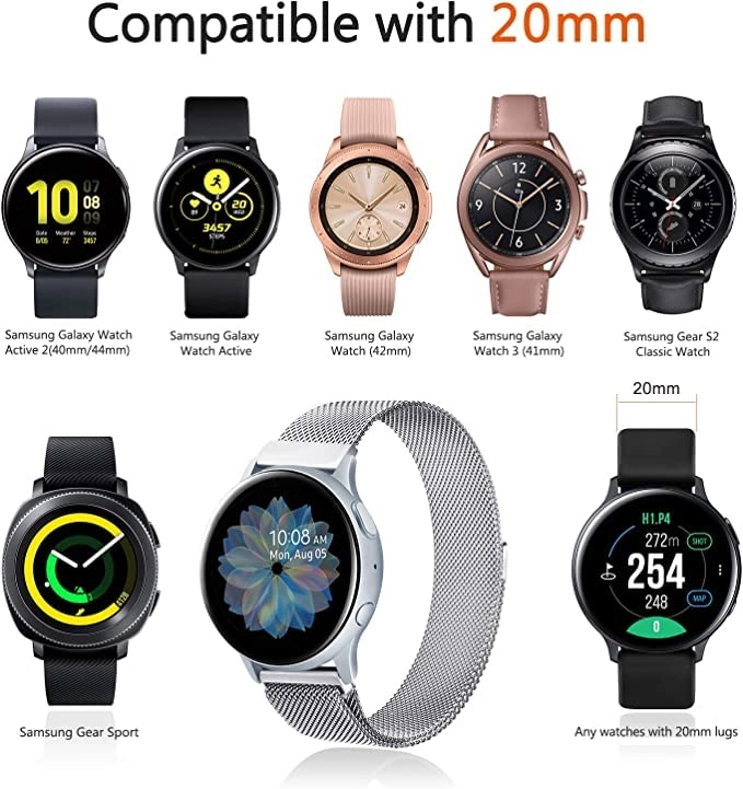 20mm Milanese Watch Band for Amazfit GTS 2 Mini, GTS 2e, GTR; Samsung Galaxy Watch 4, 5