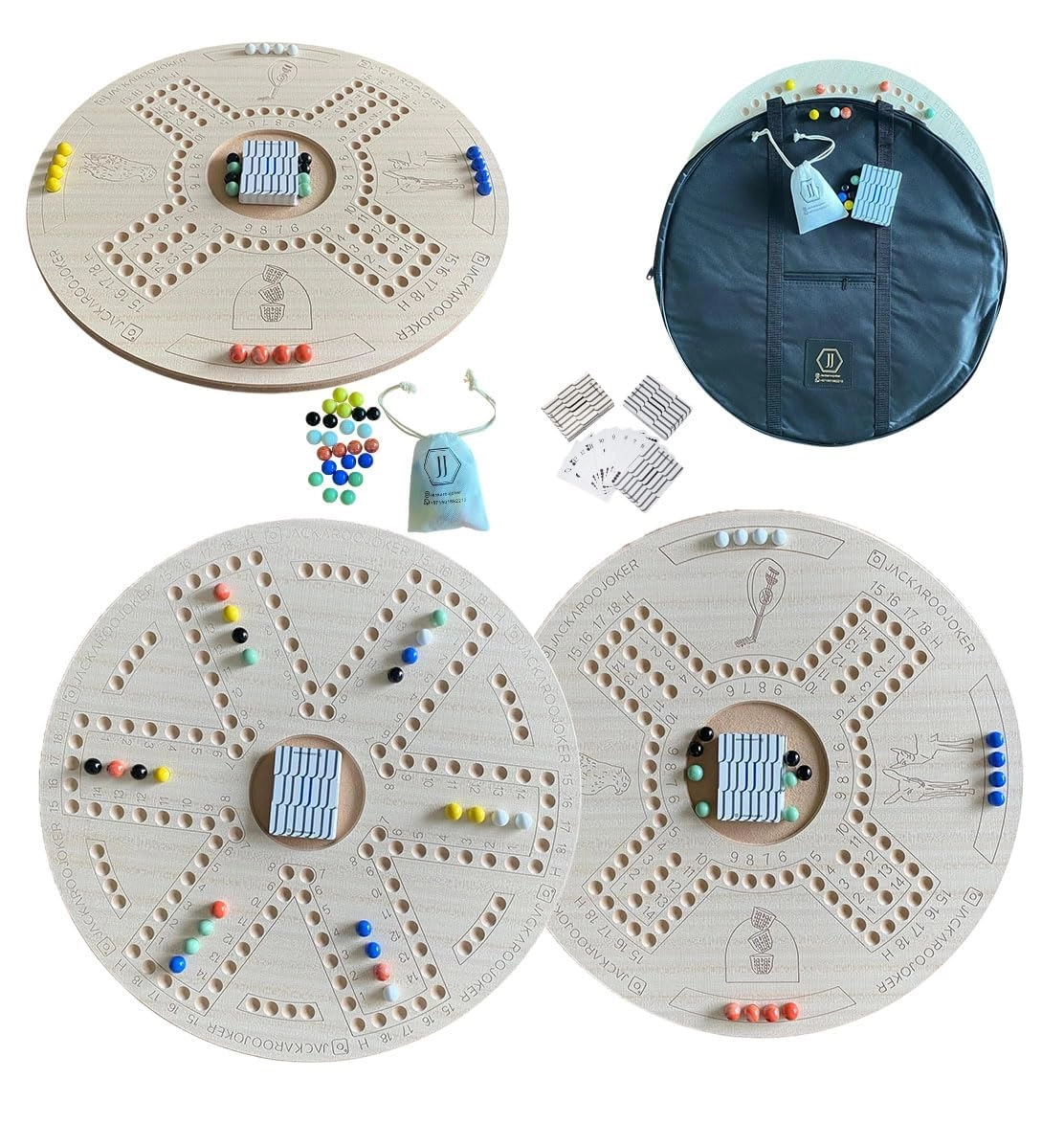 JACKAROOJOKER Double-Sided Wooden Board Game - 4 or 6 Players Marbles and Cards