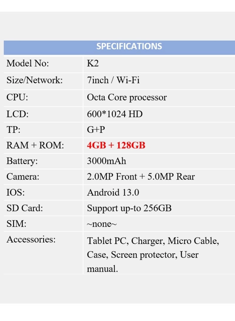 K2 Tablet - 4GB 7 Inch 128GB
