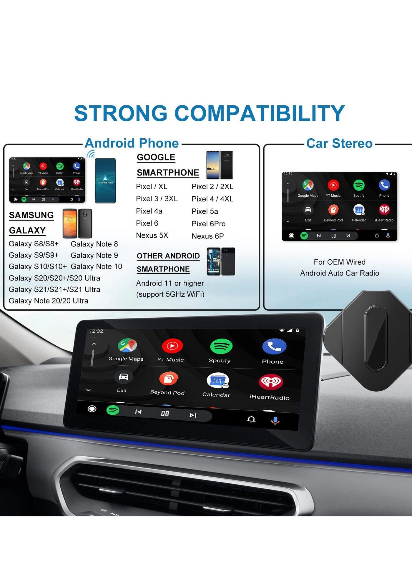 Wireless Android Auto Adapter - Plug and Play 5.8GHz Wi-Fi Bluetooth