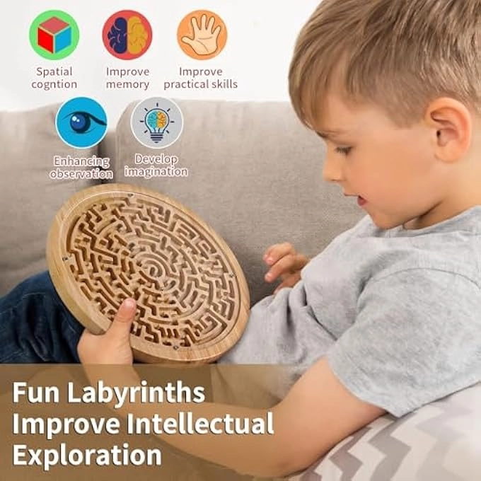 Round Wooden Labyrinth Board - Two metal balls 18x18x1.2cm