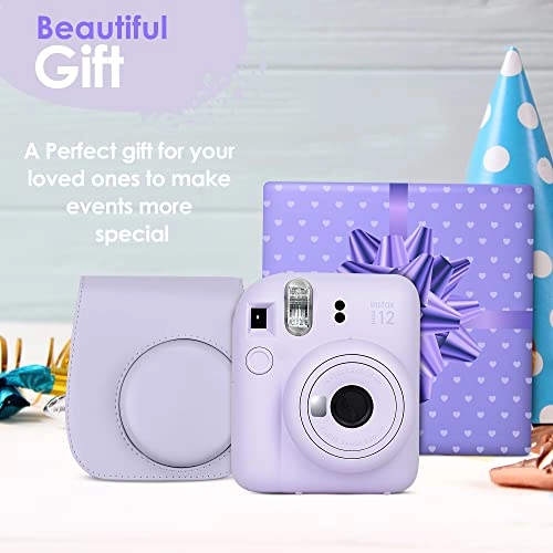 INSTAX MINI 12 - Clay White + INSTAX Mini Instant Film - 20 Exposures + Camera Case w/ Carrying Strap + PhotoBook Album + Color Lens Set (4 Colors) + Creative Frame Set (5pcs) + Wall Decor Hanging Frame (10pcs) + Sticker Borders (20pcs) + AA Longlife Batteries - 4 Pack + Microfiber Cleaning Cloth