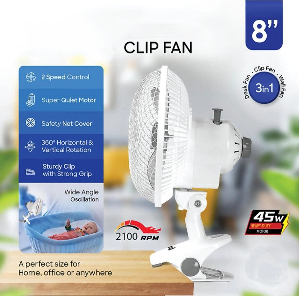3 in 1 Clip Fan - Clip Desk Wall