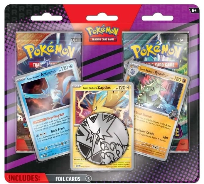 Pokémon Team Rocket Articuno + Team Rocket Zapdos + Team Rocket Tyranitar + Surging Sparks Booster Pack + Twilight Maquerade Booster Pack + Collectible Coin - 3pcs
