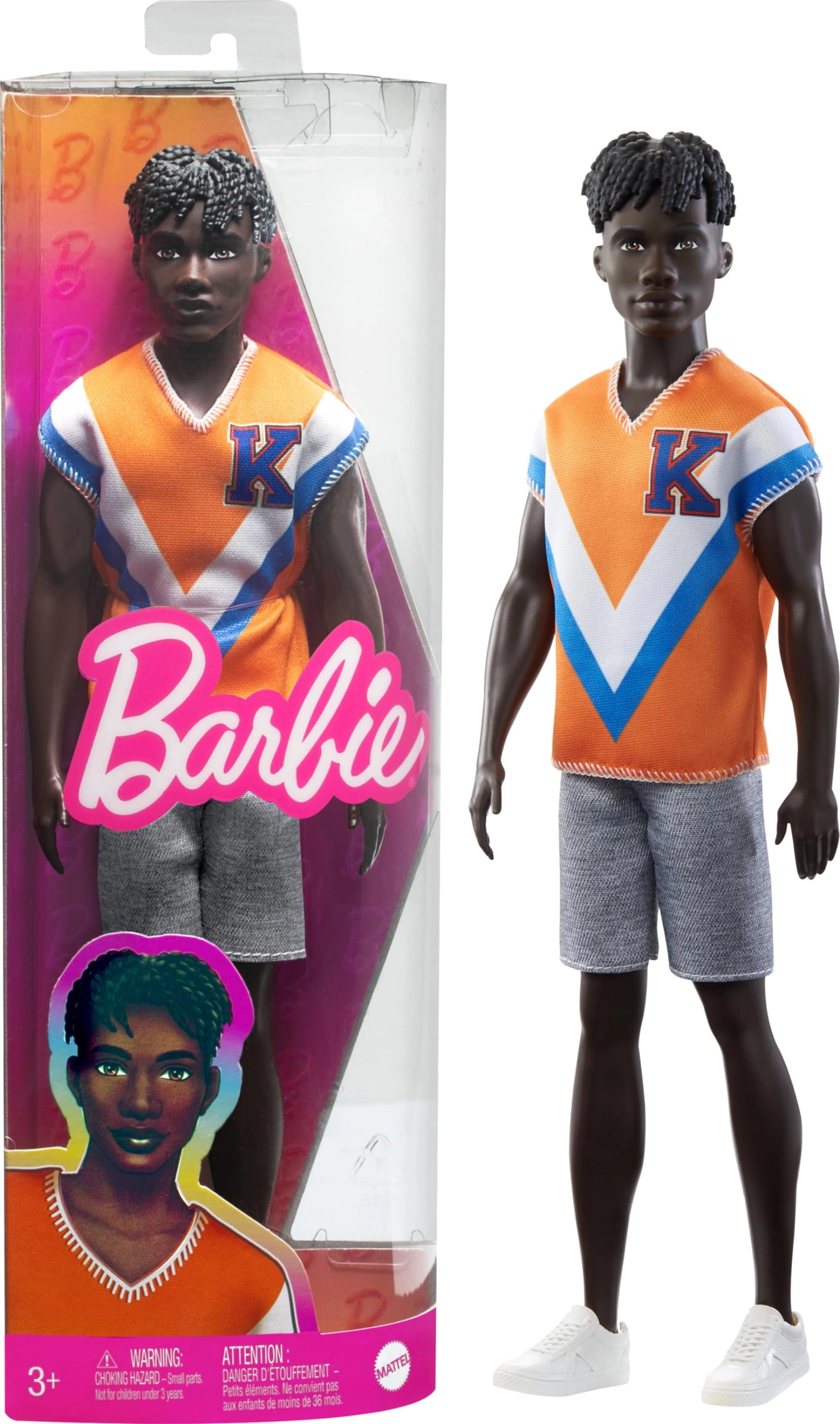 Barbie Ken Fashion Doll - Twisted Black Hair Orange Athletic Jersey Ages 3+