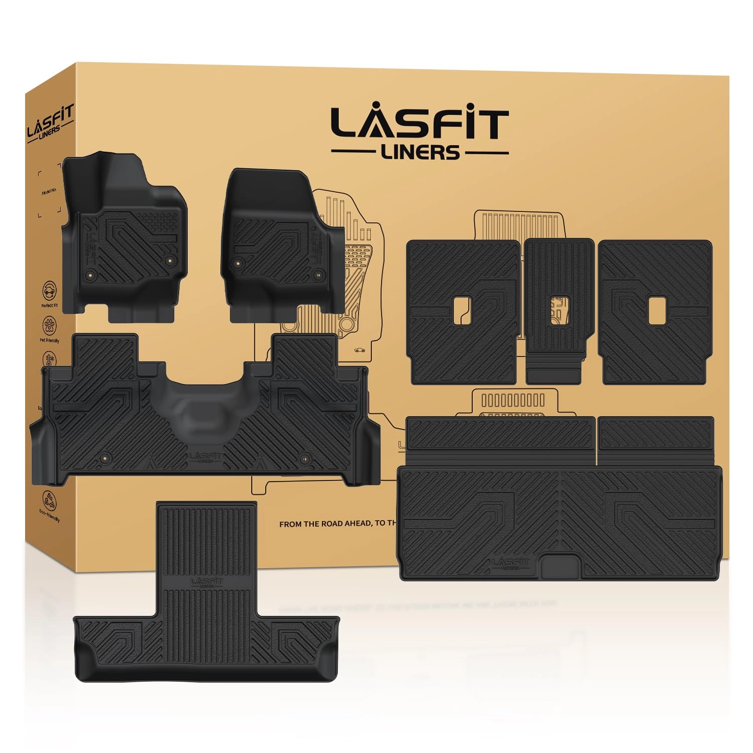LASFIT Floor Mats & Cargo Backrest Mat - 7&8 Seats Ford Expedition Standard & Lincoln Navigator Standard 2025 2026 TPE 4pcs.