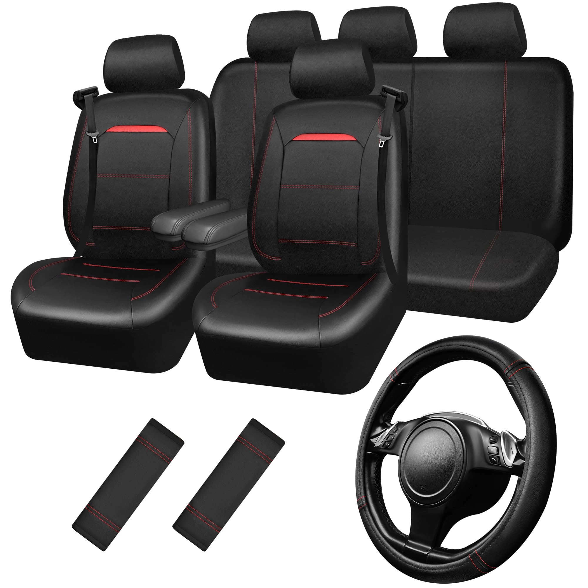 Car Seat Covers - Air Mesh Leather + Car Floor Mats - Waterproof + Steering Wheel Cover - Sporty