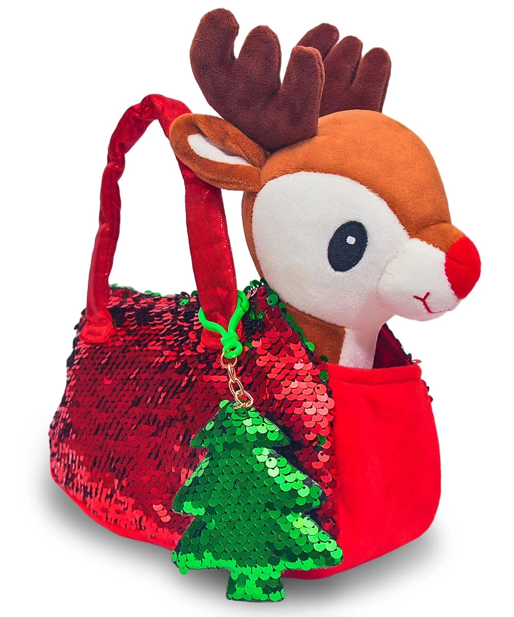Little Jupiter Reindeer Pet Plush - 11 Inch Red Reindeer Reversible Sequin Bag