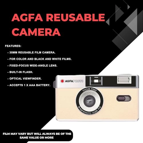 35mm Reusable Film Camera + Ultramax 400 - 36exp + Gold 200 - 36exp + Battery - AAA + Lens Cloth - Black + Photography Tips Card