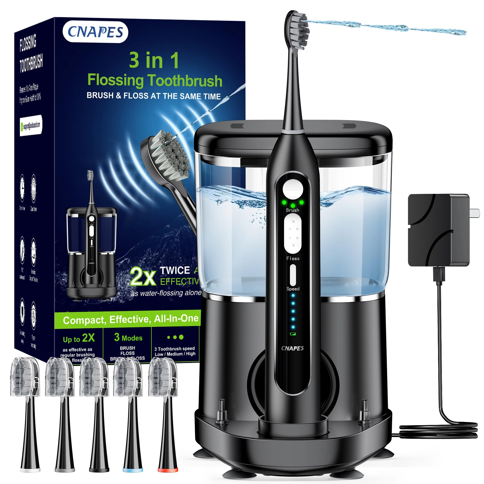 CNAPES Electric Toothbrush with Water Flosser Combo - 3 Modes 5 Speeds Black