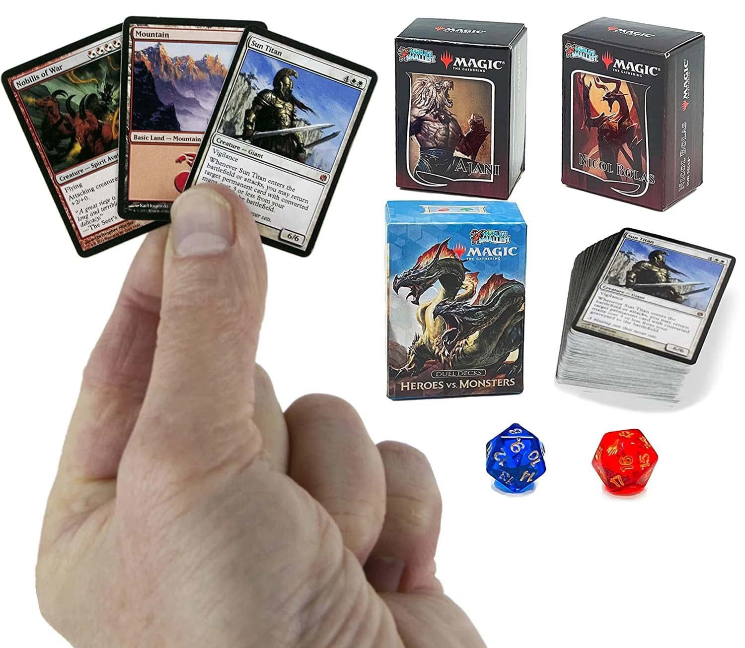 World’s Smallest Magic: The Gathering: Ajani VS. Nicol Bolas Duel Deck + Magic: The Gathering: Heroes VS. Monsters Duel Deck + Exclusive Playing Dice