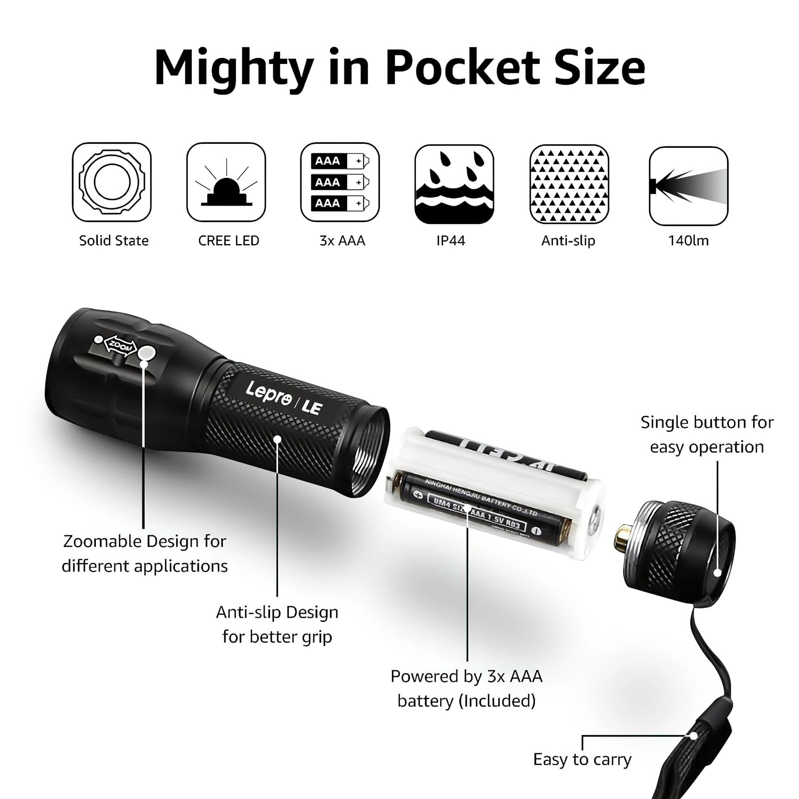 LED Flashlight - 140lm Waterproof Adjustable Focus 2 Pack