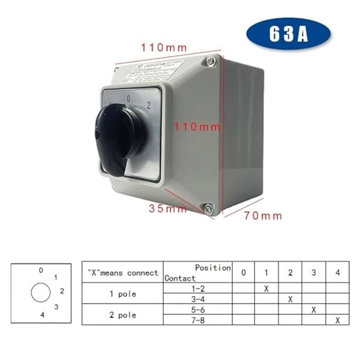Changeover Cam Hands Rotary Switch - 63A 2 Pole 8 Terminals IP65