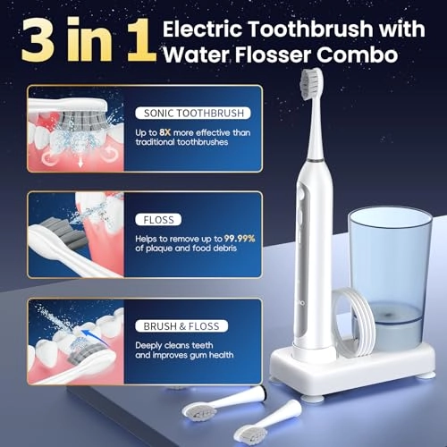 Electric Toothbrush with Water Flosser - 5 Brush Modes 3 Flossing Speeds 500ML Rechargeable