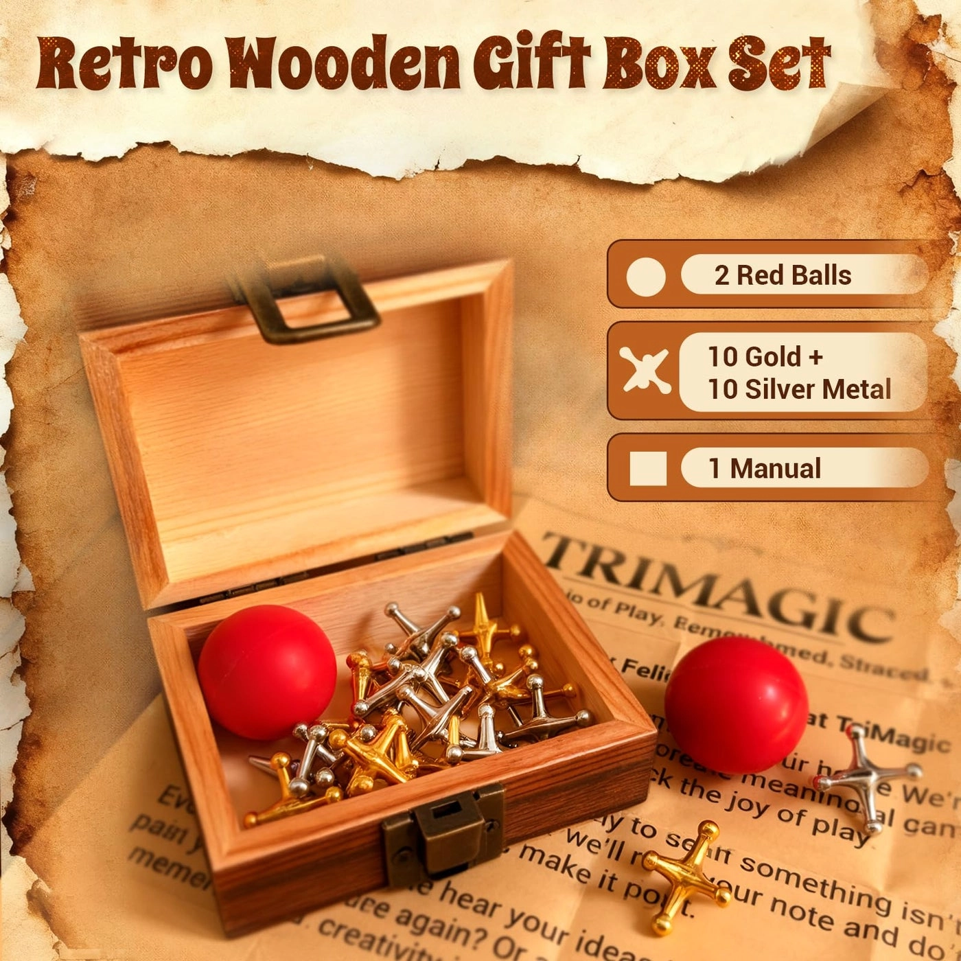 Metal Jacks Game - 20 gold and silver jacks and 2 solid high bounce red rubber balls