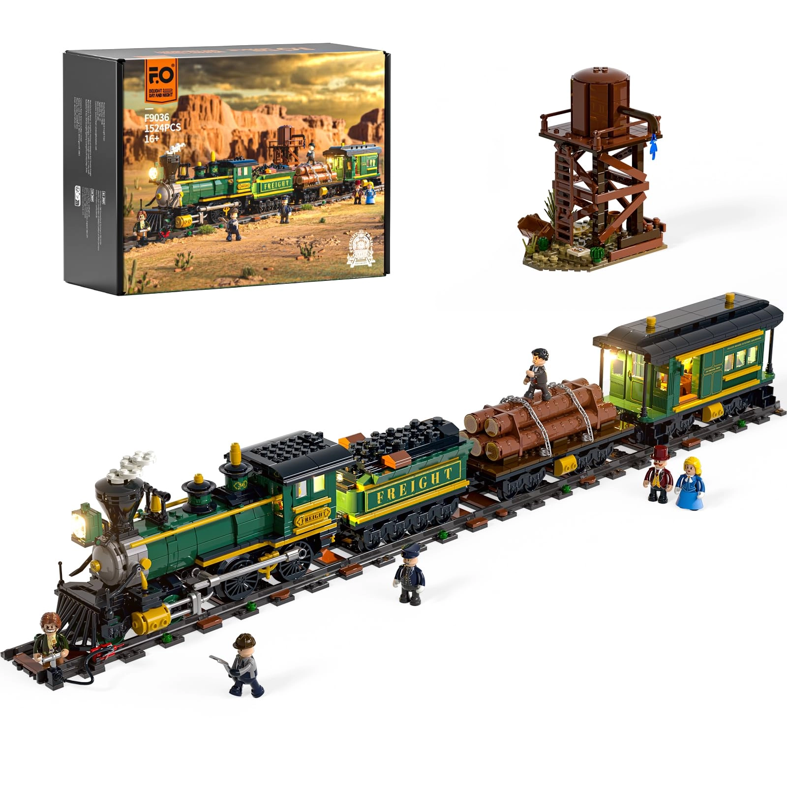 FUNWHOLE Western Freight Train (14003-EU) - 4-4-0 Steam Train Lighting Tracks Water Tower 6 Mini Figures