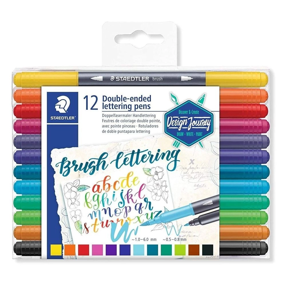Staedtler Brush Doule-Ended Lettering Pens - Pack Of 12 Assorted Colours line width brush tip approx. 1.0 - 6.0 mm, line width fine tip approx. 0.5 - 0.8 mm