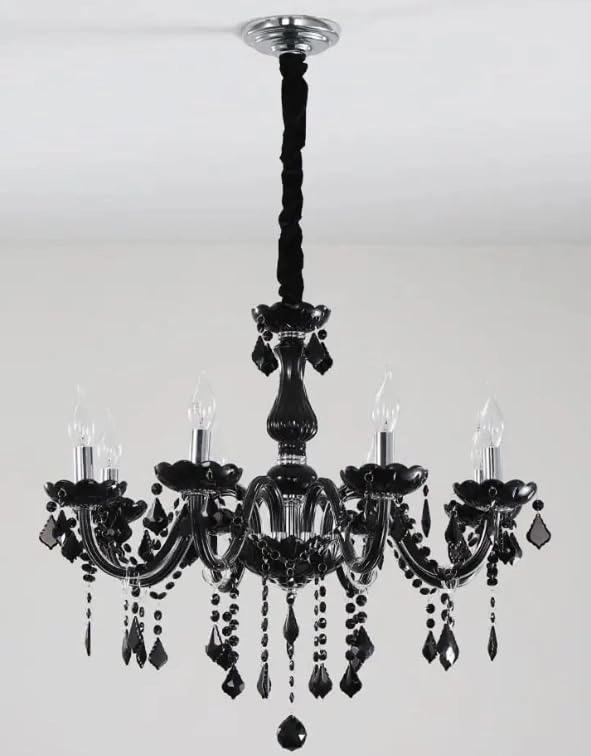 8 Light Italian Chandelier - Black Glass Warm White