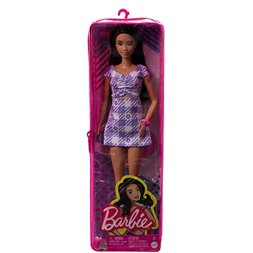 Barbie Fashionistas - Tall Body Wavy Black Hair Purple Gingham Dress Ages 3+